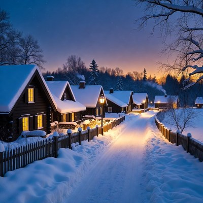 Winter night in snowy village
