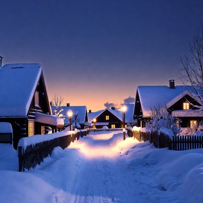 Winter night in quiet village