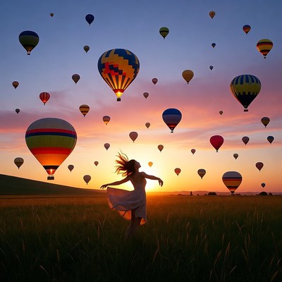Balloons rise at sunset in open field