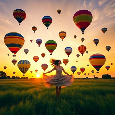 Woman dancing among hot air balloons