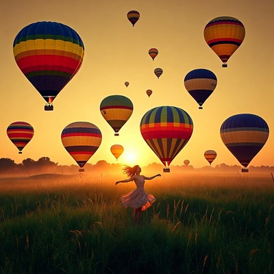 Colorful hot air balloons rise at sunset