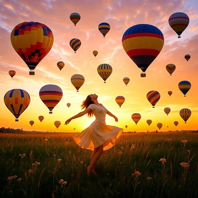 Hot air balloons at sunset in the field