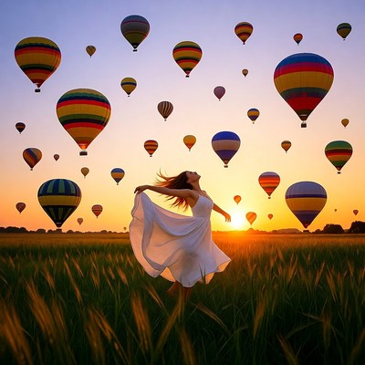 Hot air balloons at sunset with dancer