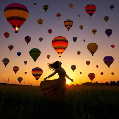 Woman enjoys hot air balloons at sunset