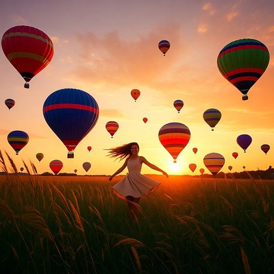Woman dances among balloons at sunset