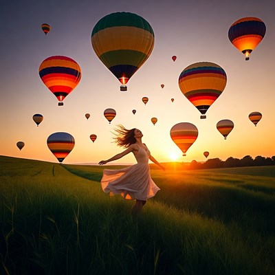 Woman dances with hot air balloons at sunset