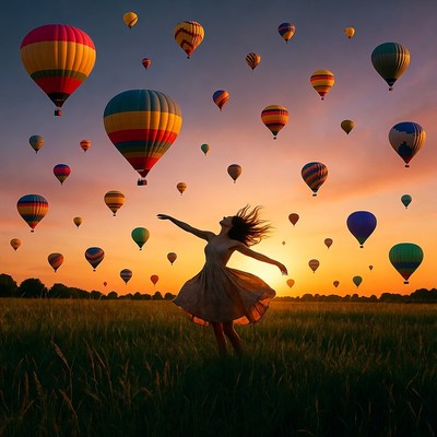 Colorful hot air balloons at sunset