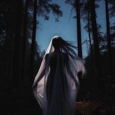 Woman in veil walking through dark forest