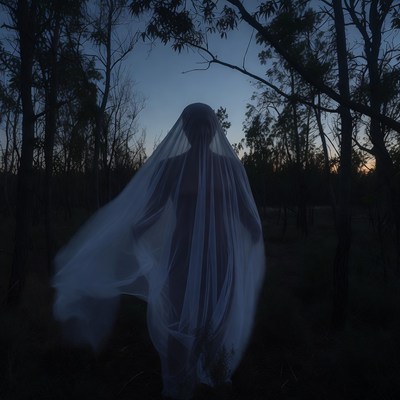 Figure in white veil at dusk