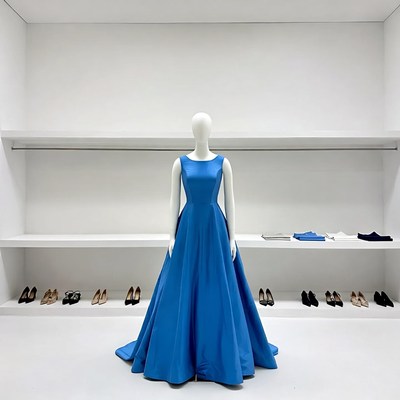 Blue dress displayed in boutique setting
