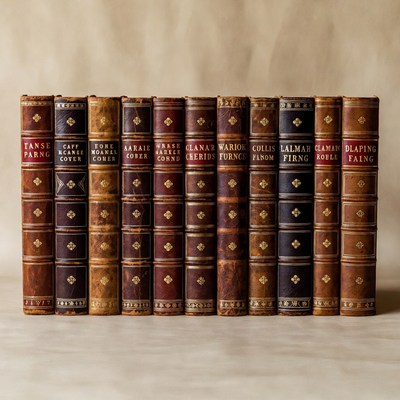 Collection of leather-bound books on display