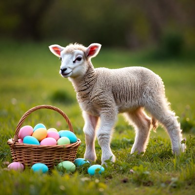 Lamb next to colorful eggs