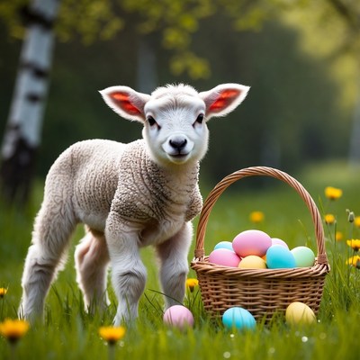 Lamb beside easter egg basket