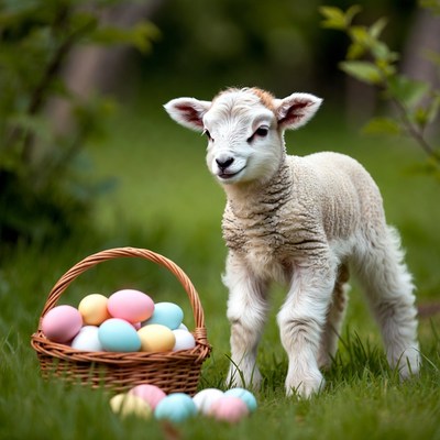 Lamb with colorful eggs in garden