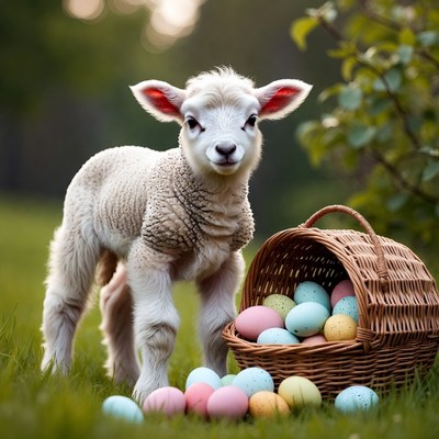 Baby lamb with colorful eggs in basket