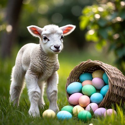 Lamb and eggs in grass
