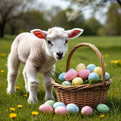 Lamb near basket of colorful eggs