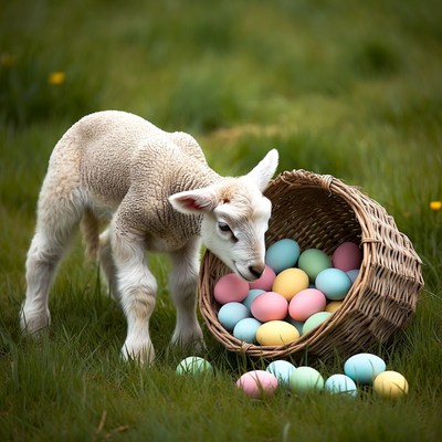 Lamb explores basket of colorful eggs