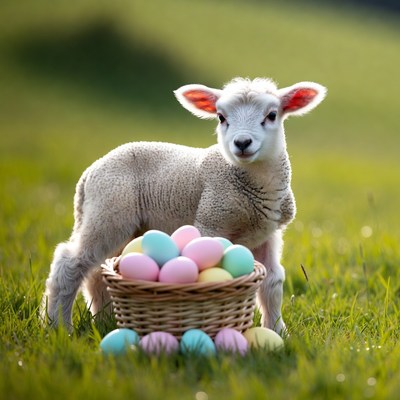 Baby lamb with colorful eggs