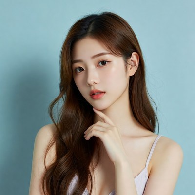 Young woman poses against blue background