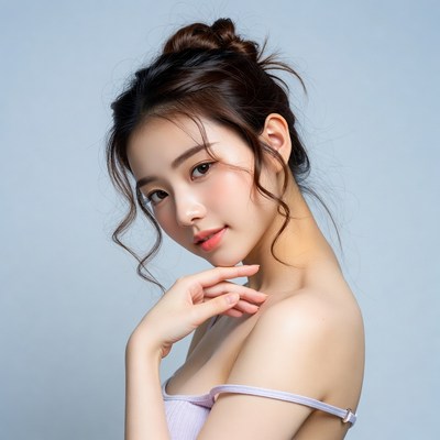 Model in a light background posing softly