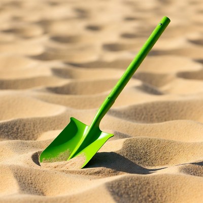 Green shovel in sandy ground