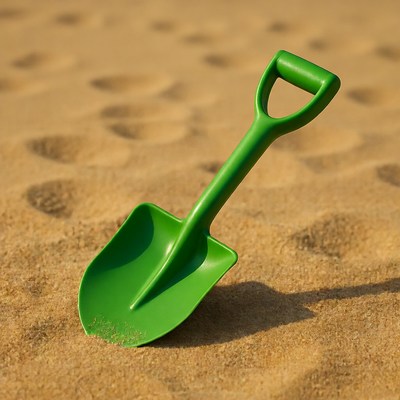Green shovel on sand surface