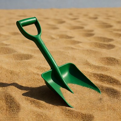Green shovel in sandy beach sand