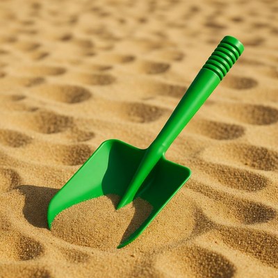 Green shovel stuck in sand