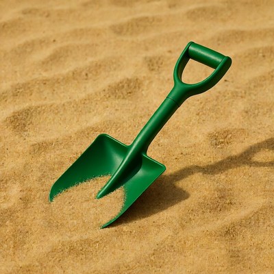 Small green shovel in sand