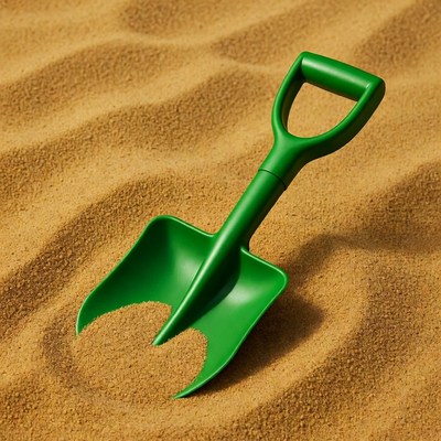 Green shovel resting on sand