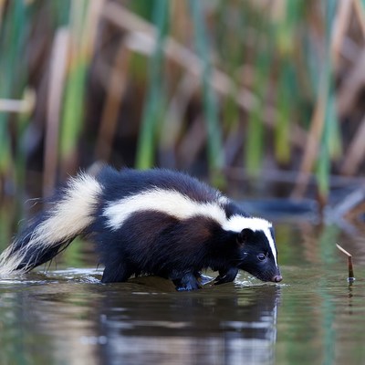 Striped skunk walking in water
