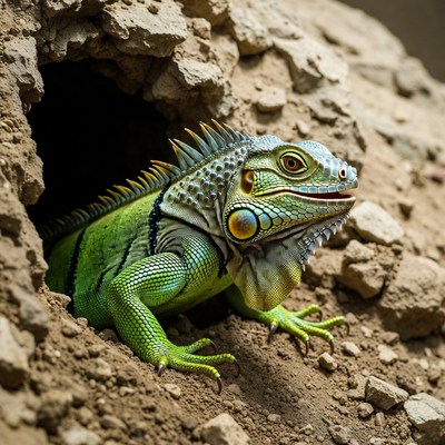 Iguana emerging from rocky burrow
