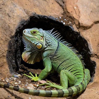 Iguana next to a rock cave