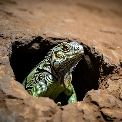 Lizard emerges from burrow in nature