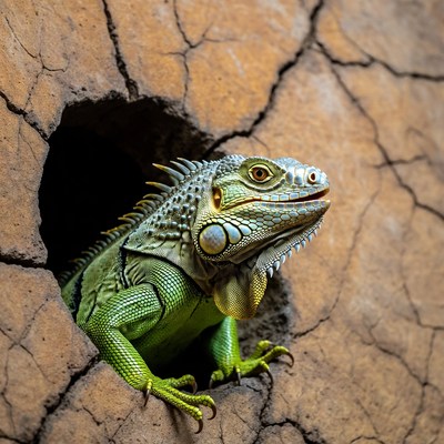 Iguana emerging from wall hole