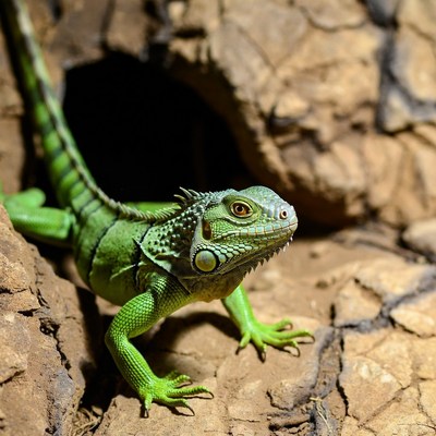 Green lizard on rocks in habitat