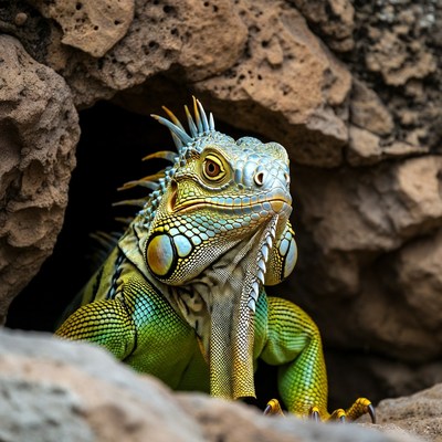 Colorful iguana at the rock cave