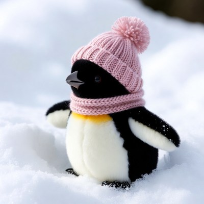 Penguin wearing hat in snow