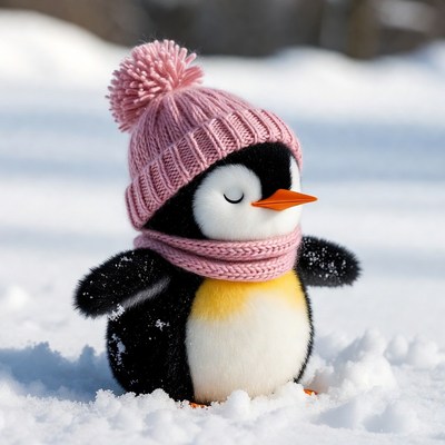 Penguin in snow wearing hat and scarf