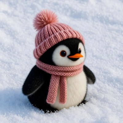Penguin wearing hat in snow