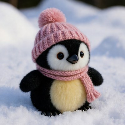Penguin wearing hat in snow
