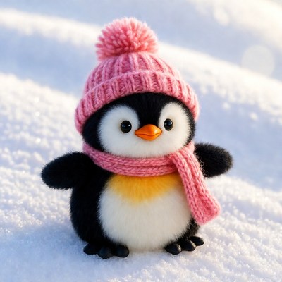 Penguin wearing pink hat and scarf in snow
