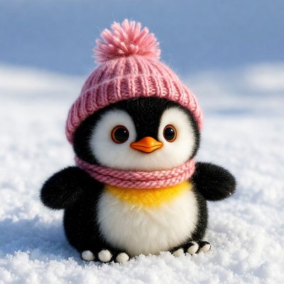 Penguin toy with hat in snow