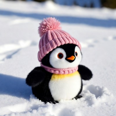 Penguin toy in pink winter hat