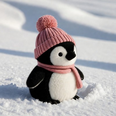 Penguin in snow with hat and scarf