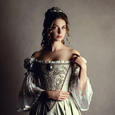 Woman in historical dress posing indoors