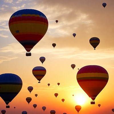 Hot air balloons at sunset sky