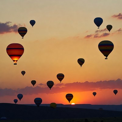 Hot air balloons flying at sunset
