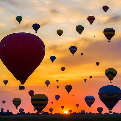 Hot air balloons rise at sunset